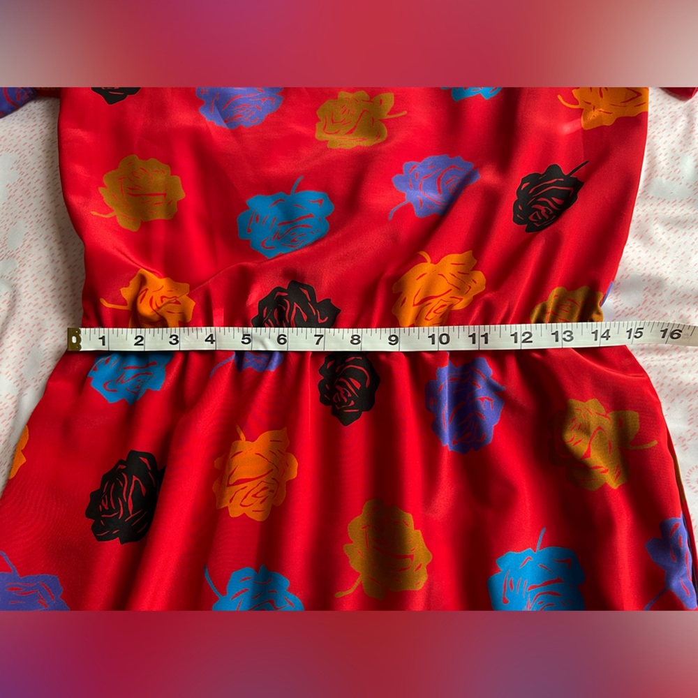 VINTAGE 1980s Albert Nipon Red Dress with Multicolor Floral Pattern Size 4 Korea - Picture 12 of 13